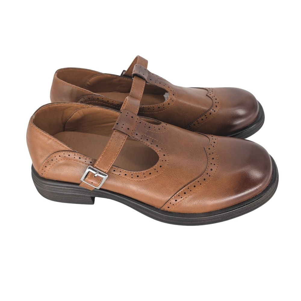 Mary Jane T-Strap Shoes Womens 41 Brown Brogue Wingtip Lug Sole Oxford Academia